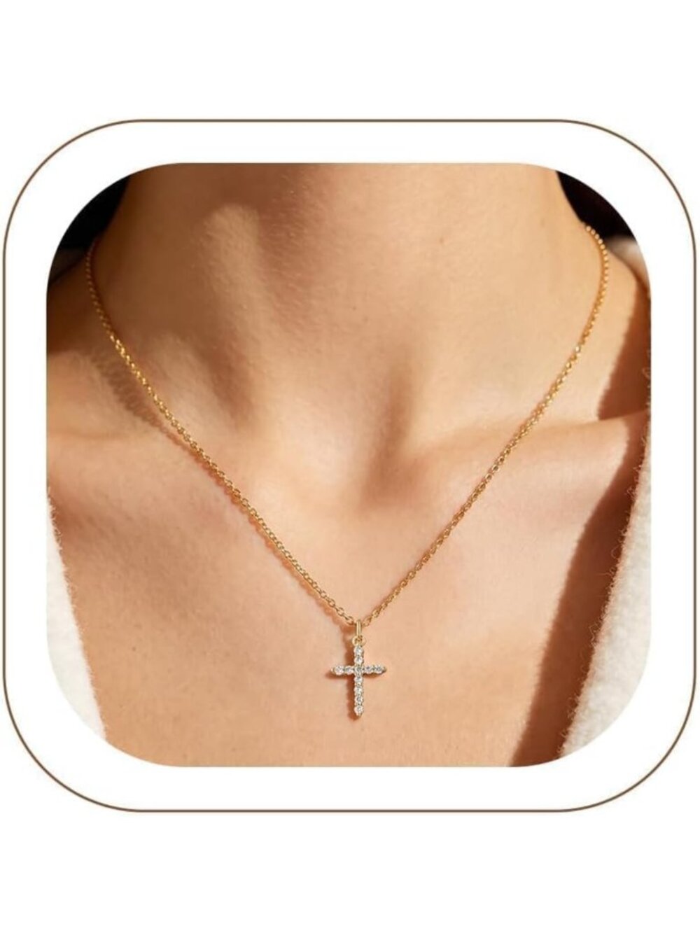 Dainty Cross Necklace for Women - Waterproof CZ Pendant, Silver/Gold/Rose Gold